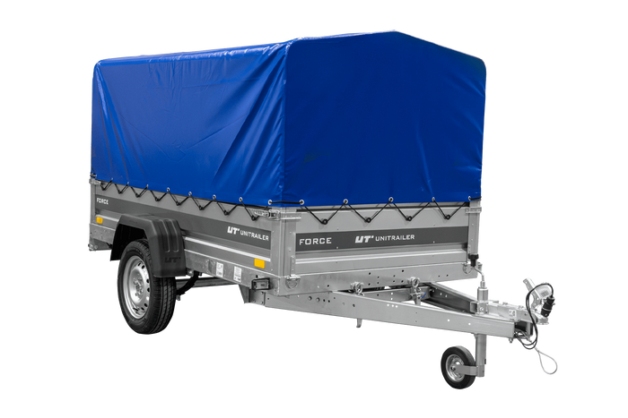 Anhänger mit Blattfedern 230×125 UNITRAILER FORCE 230/R KIPP mit H-800 Spriegel und blauer Hochplane-Neu