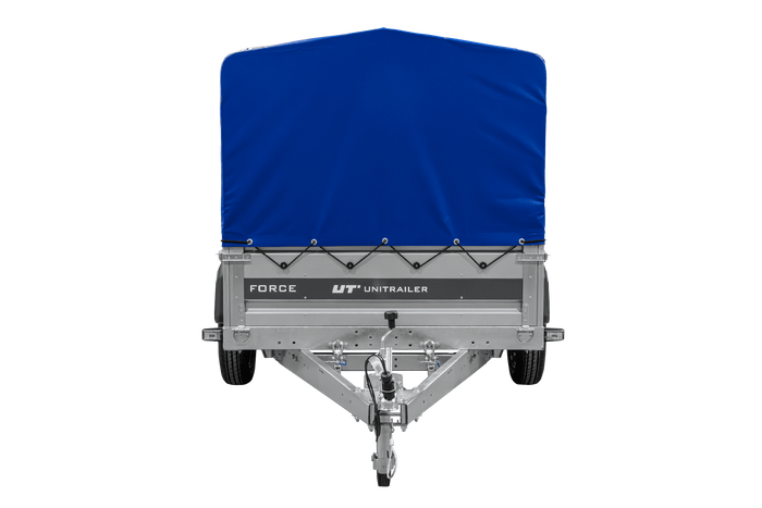 Anhänger mit Blattfedern 230×125 UNITRAILER FORCE 230/R KIPP mit H-800 Spriegel und blauer Hochplane-Neu