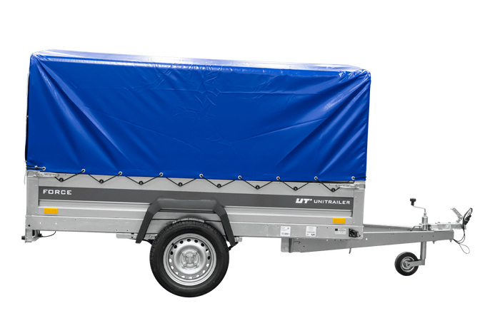Anhänger mit Blattfedern 230×125 UNITRAILER FORCE 230/R KIPP mit H-800 Spriegel und blauer Hochplane-Neu