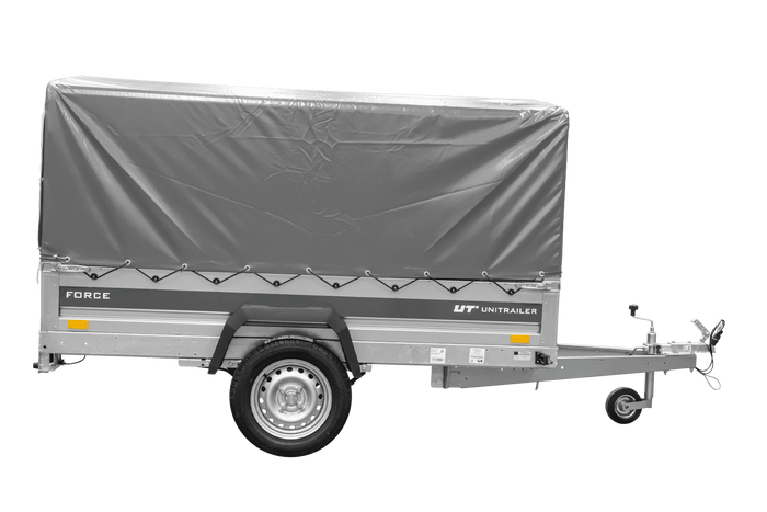 Anhänger mit Blattfedern 230×125 UNITRAILER FORCE 230/R KIPP ungebremst mit H-800 Spriegel und grauer Hochplane-Neu