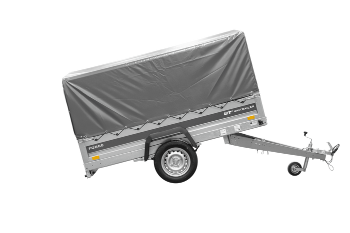Anhänger mit Blattfedern 230×125 UNITRAILER FORCE 230/R KIPP ungebremst mit H-800 Spriegel und grauer Hochplane-Neu