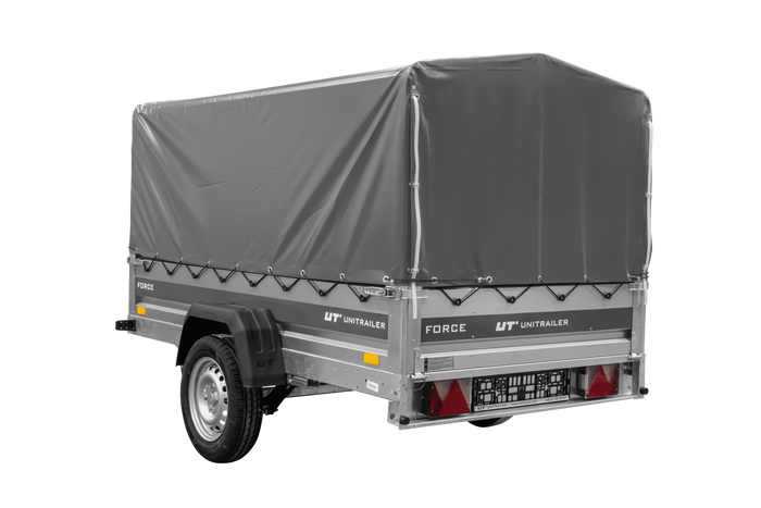 Anhänger mit Blattfedern 230×125 UNITRAILER FORCE 230/R KIPP ungebremst mit H-800 Spriegel und grauer Hochplane-Neu