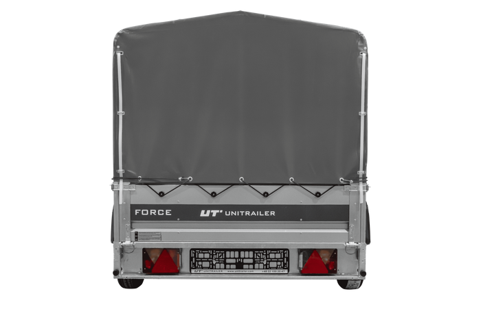Anhänger mit Blattfedern 230×125 UNITRAILER FORCE 230/R KIPP ungebremst mit H-800 Spriegel und grauer Hochplane-Neu