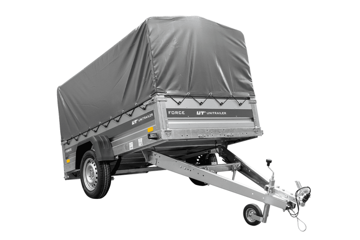 Anhänger mit Blattfedern 230×125 UNITRAILER FORCE 230/R KIPP ungebremst mit H-800 Spriegel und grauer Hochplane-Neu