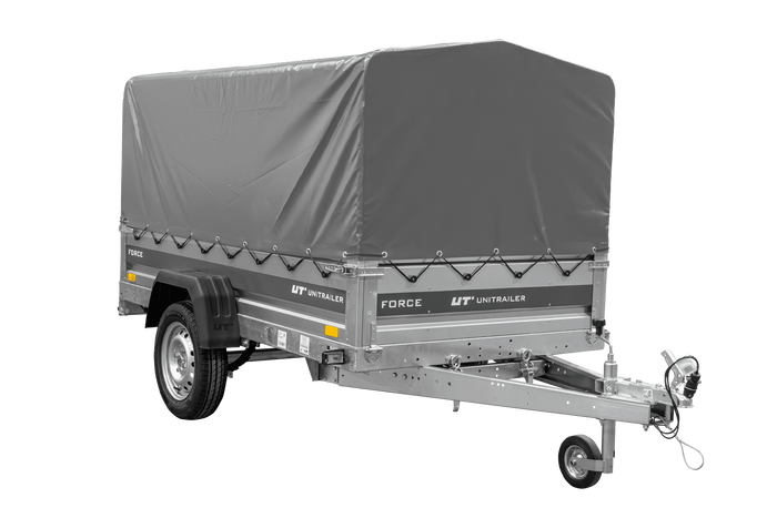 Anhänger mit Blattfedern 230×125 UNITRAILER FORCE 230/R KIPP ungebremst mit H-800 Spriegel und grauer Hochplane-Neu