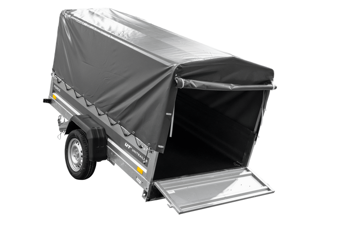 Anhänger mit Blattfedern 230×125 UNITRAILER FORCE 230/R KIPP ungebremst mit H-800 Spriegel und grauer Hochplane-Neu