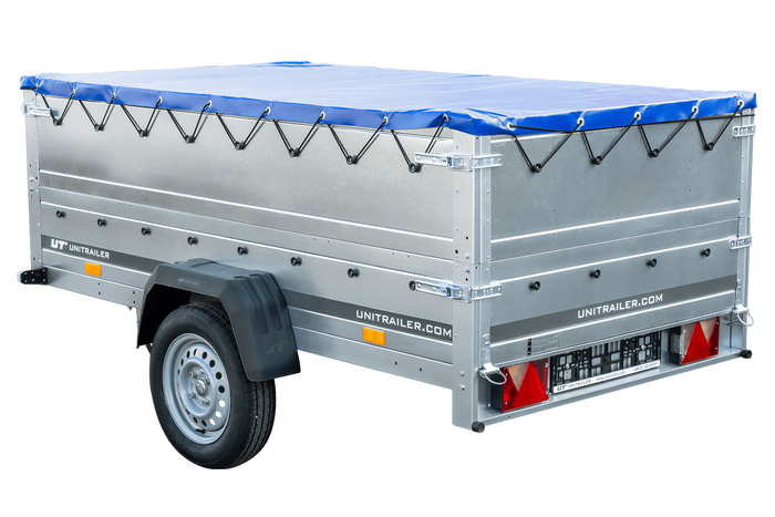 Anhänger mit faltbarer Deichsel GARDEN TRAILER 230 KIPP mit zusätzlichen Bordwänden, Stützrad und blauer Flachplane-Neu
