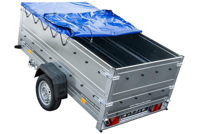 Anhänger mit faltbarer Deichsel GARDEN TRAILER 230 KIPP mit zusätzlichen Bordwänden, Stützrad und blauer Flachplane-Neu