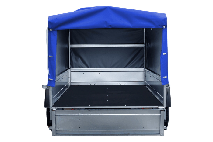 Auto Anhänger 230×125 Garden Trailer 230 KIPP Unitrailer 750 kg mit Stützrad, blauer Hochplane und Hochspriegel-Neu