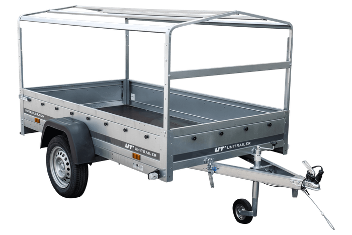Auto Anhänger 230×125 Garden Trailer 230 KIPP Unitrailer 750 kg mit Stützrad, blauer Hochplane und Hochspriegel-Neu
