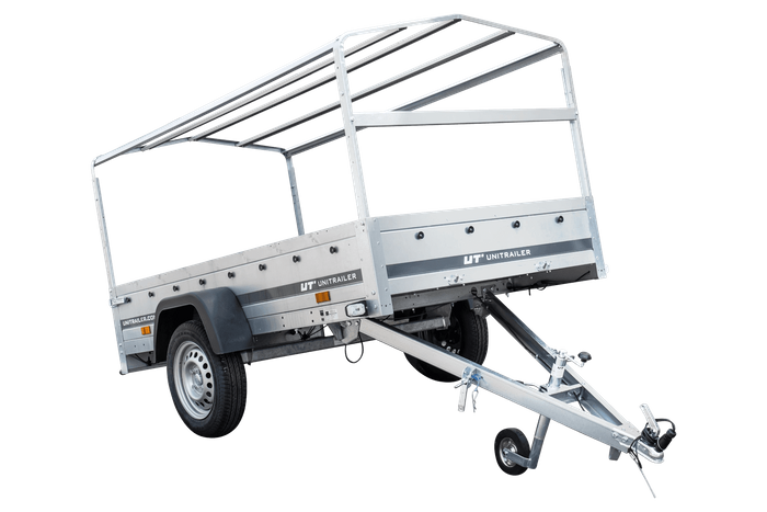 Auto Anhänger 230×125 Garden Trailer 230 KIPP Unitrailer 750 kg mit Stützrad, blauer Hochplane und Hochspriegel-Neu