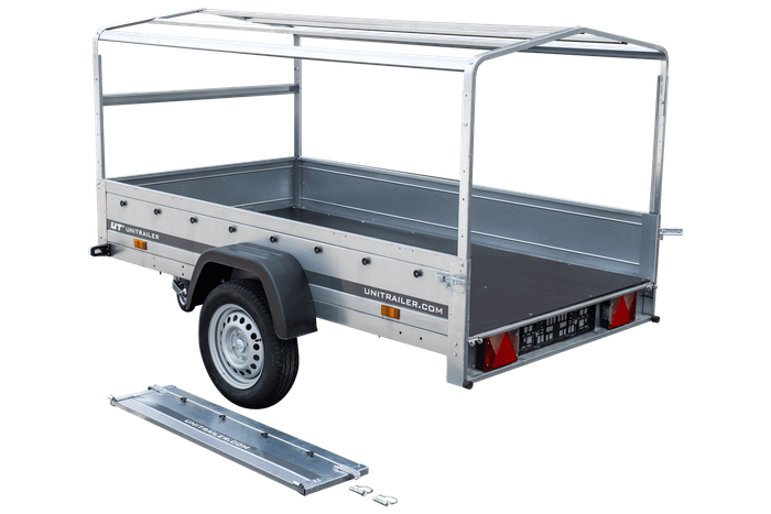 Auto Anhänger 230×125 Garden Trailer 230 KIPP Unitrailer 750 kg mit Stützrad, blauer Hochplane und Hochspriegel-Neu