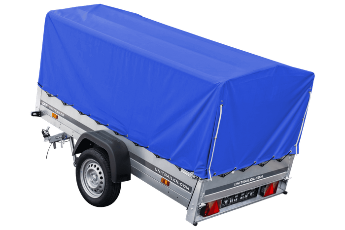 Auto Anhänger 230×125 Garden Trailer 230 KIPP Unitrailer 750 kg mit Stützrad, blauer Hochplane und Hochspriegel-Neu