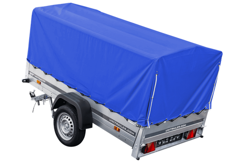 Auto Anhänger 230×125 Garden Trailer 230 KIPP Unitrailer 750 kg mit Stützrad, blauer Hochplane und Hochspriegel-Neu
