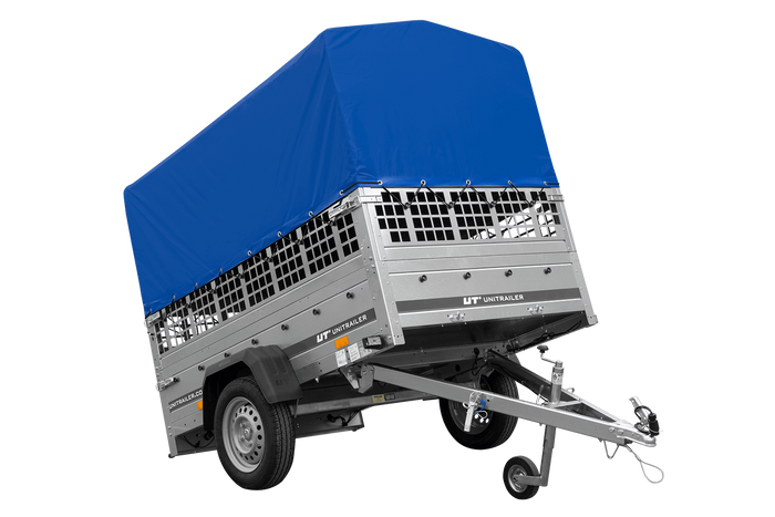 Autoanhänger 200×125 UNITRAILER GARDEN 201 KIPP mit Netzseitenwänden, H-800 Rahmen und grauer Plane-Neu