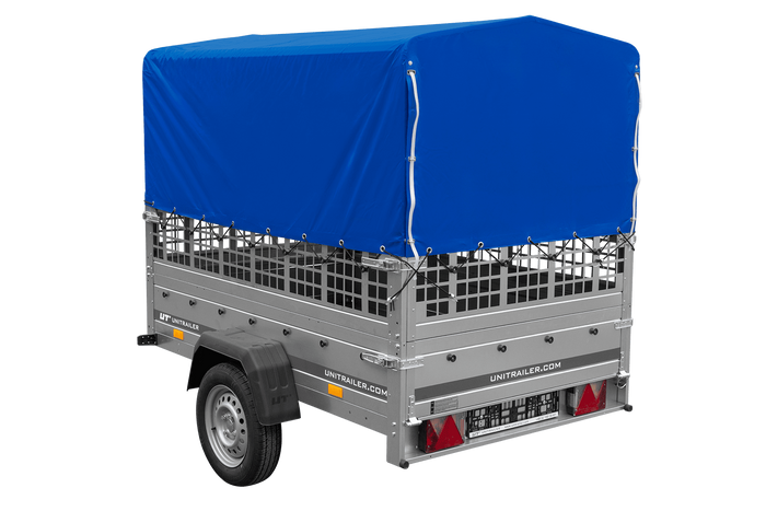 Autoanhänger 200×125 UNITRAILER GARDEN 201 KIPP mit Netzseitenwänden, H-800 Rahmen und grauer Plane-Neu
