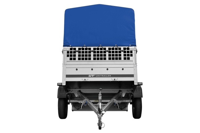 Autoanhänger 200×125 UNITRAILER GARDEN 201 KIPP mit Netzseitenwänden, H-800 Rahmen und grauer Plane-Neu