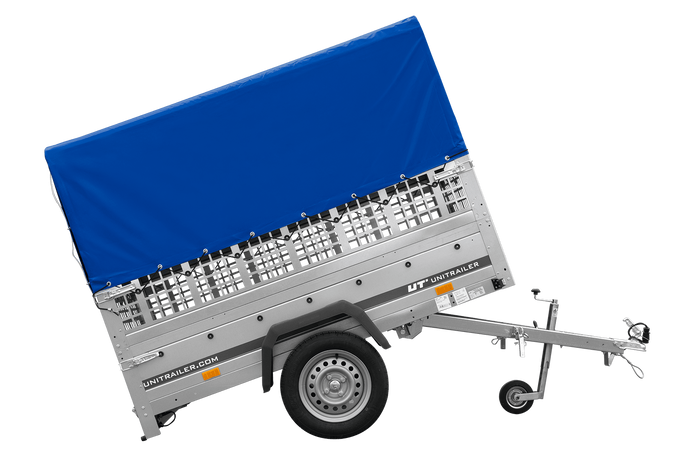 Autoanhänger 200×125 UNITRAILER GARDEN 201 KIPP mit Netzseitenwänden, H-800 Rahmen und grauer Plane-Neu