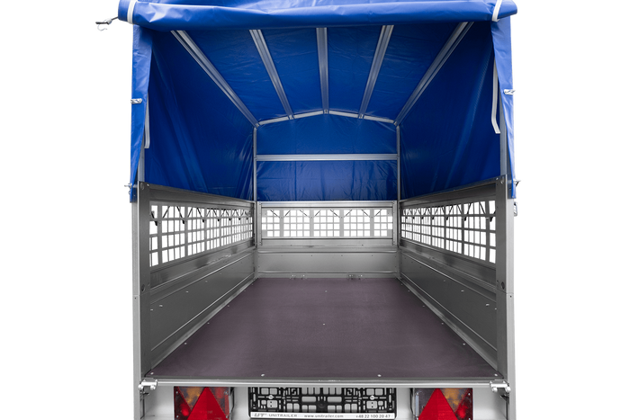 Autoanhänger 200×125 UNITRAILER GARDEN 201 KIPP mit Netzseitenwänden, H-800 Rahmen und grauer Plane-Neu