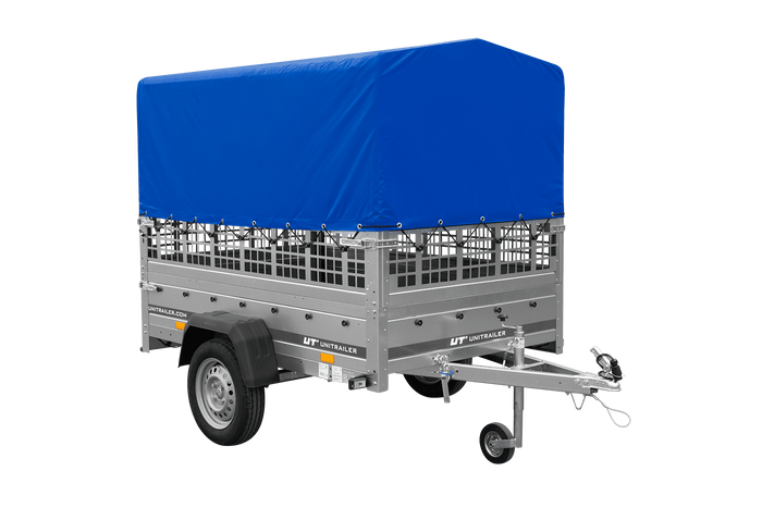 Autoanhänger 200×125 UNITRAILER GARDEN 201 KIPP mit Netzseitenwänden, H-800 Rahmen und grauer Plane-Neu