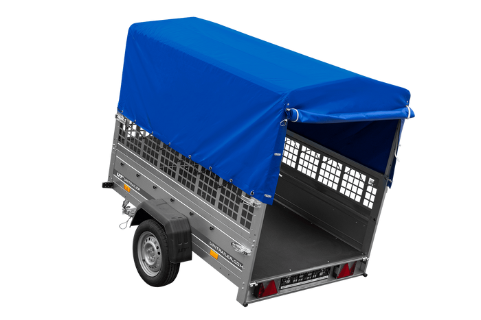 Autoanhänger 200×125 UNITRAILER GARDEN 201 KIPP mit Netzseitenwänden, H-800 Rahmen und grauer Plane-Neu