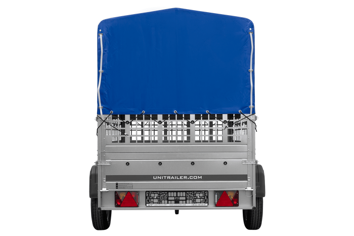 Autoanhänger 200×125 UNITRAILER GARDEN 201 KIPP mit Netzseitenwänden, H-800 Rahmen und grauer Plane-Neu