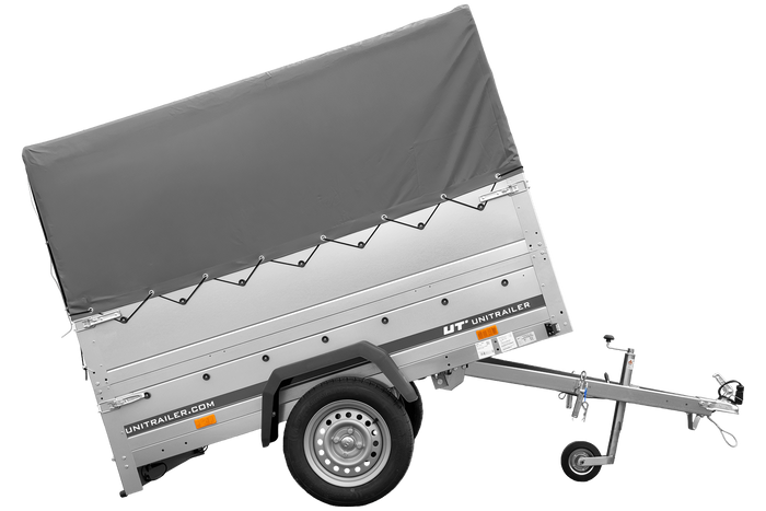 Autotransportanhänger 200×125 UNITRAILER GARDEN 201 KIPP mit BIS-Seitenwänden, H-800-Rahmen und grauer Plane-Neu