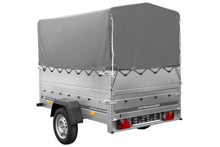 Autotransportanhänger 200×125 UNITRAILER GARDEN 201 KIPP mit BIS-Seitenwänden, H-800-Rahmen und grauer Plane-Neu