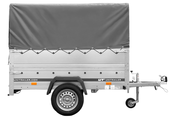 Autotransportanhänger 200×125 UNITRAILER GARDEN 201 KIPP mit BIS-Seitenwänden, H-800-Rahmen und grauer Plane-Neu