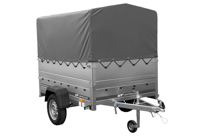 Autotransportanhänger 200×125 UNITRAILER GARDEN 201 KIPP mit BIS-Seitenwänden, H-800-Rahmen und grauer Plane-Neu
