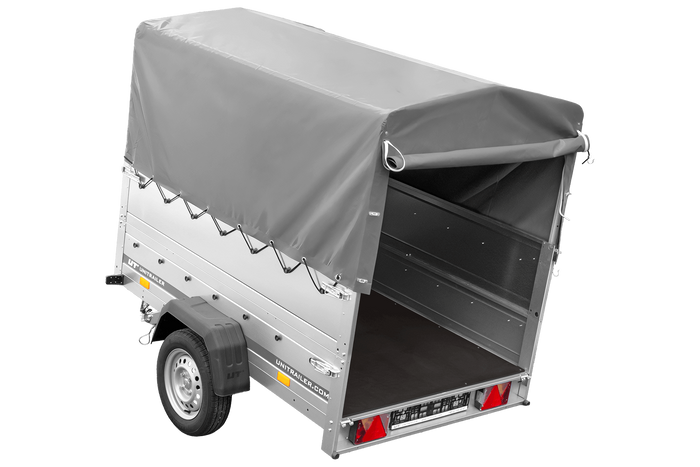 Autotransportanhänger 200×125 UNITRAILER GARDEN 201 KIPP mit BIS-Seitenwänden, H-800-Rahmen und grauer Plane-Neu