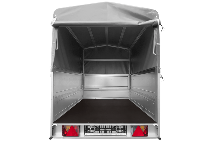 Autotransportanhänger 200×125 UNITRAILER GARDEN 201 KIPP mit BIS-Seitenwänden, H-800-Rahmen und grauer Plane-Neu