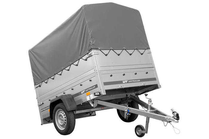 Autotransportanhänger 200×125 UNITRAILER GARDEN 201 KIPP mit BIS-Seitenwänden, H-800-Rahmen und grauer Plane-Neu