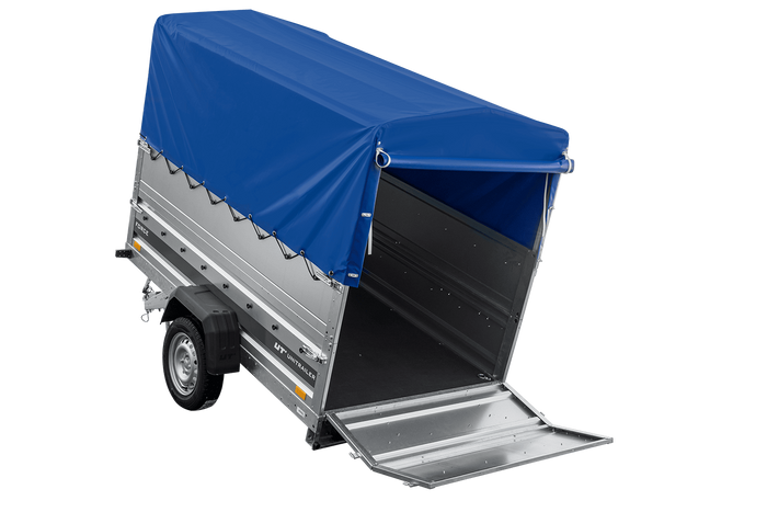 Autotransportanhänger 230×125 UNITRAILER FORCE 230 KIPP mit BIS-Seitenwänden, H-800-Rahmen und blauer Plane-Neu