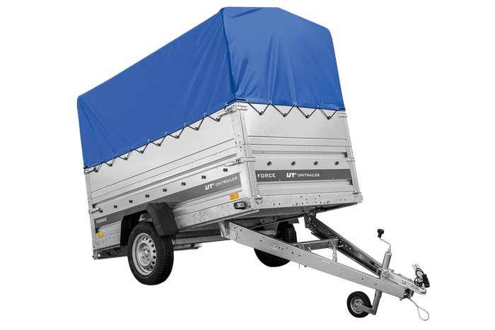 Autotransportanhänger 230×125 UNITRAILER FORCE 230 KIPP mit BIS-Seitenwänden, H-800-Rahmen und blauer Plane-Neu