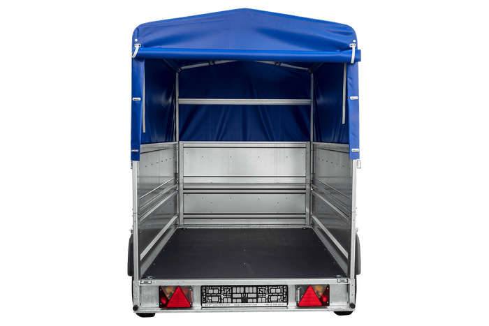 Autotransportanhänger 230×125 UNITRAILER FORCE 230 KIPP mit BIS-Seitenwänden, H-800-Rahmen und blauer Plane-Neu