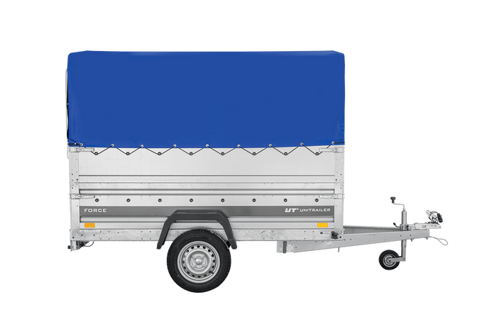 Autotransportanhänger 230×125 UNITRAILER FORCE 230 KIPP mit BIS-Seitenwänden, H-800-Rahmen und blauer Plane-Neu
