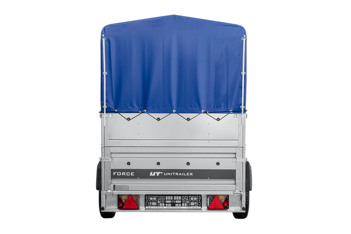 Autotransportanhänger 230×125 UNITRAILER FORCE 230 KIPP mit BIS-Seitenwänden, H-800-Rahmen und blauer Plane-Neu