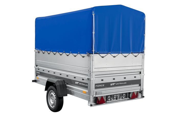 Autotransportanhänger 230×125 UNITRAILER FORCE 230 KIPP mit BIS-Seitenwänden, H-800-Rahmen und blauer Plane-Neu