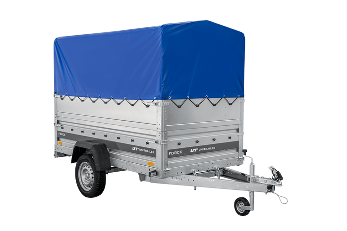 Autotransportanhänger 230×125 UNITRAILER FORCE 230 KIPP mit BIS-Seitenwänden, H-800-Rahmen und blauer Plane-Neu