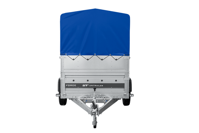 Autotransportanhänger 230×125 UNITRAILER FORCE 230 KIPP mit BIS-Seitenwänden, H-800-Rahmen und blauer Plane-Neu