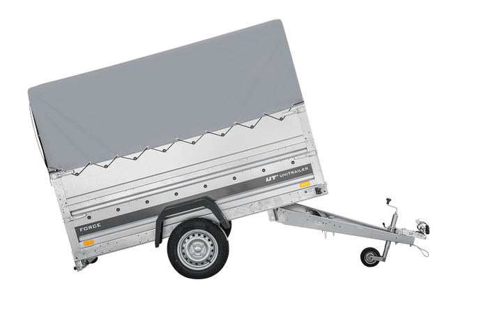 Autotransportanhänger 230×125 UNITRAILER FORCE 230 KIPP mit BIS-Seitenwänden, H-800-Rahmen und grauer Plane-Neu