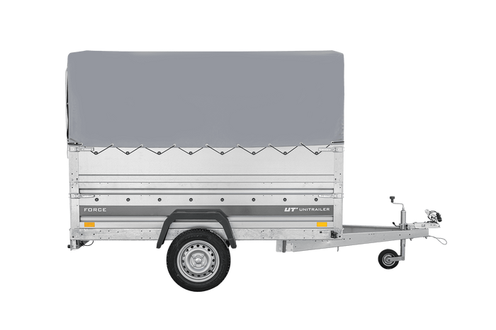 Autotransportanhänger 230×125 UNITRAILER FORCE 230 KIPP mit BIS-Seitenwänden, H-800-Rahmen und grauer Plane-Neu
