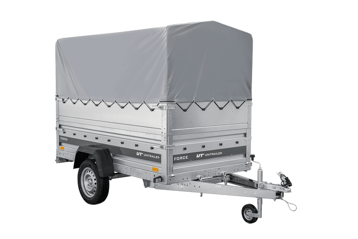 Autotransportanhänger 230×125 UNITRAILER FORCE 230 KIPP mit BIS-Seitenwänden, H-800-Rahmen und grauer Plane-Neu