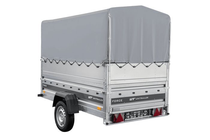 Autotransportanhänger 230×125 UNITRAILER FORCE 230 KIPP mit BIS-Seitenwänden, H-800-Rahmen und grauer Plane-Neu