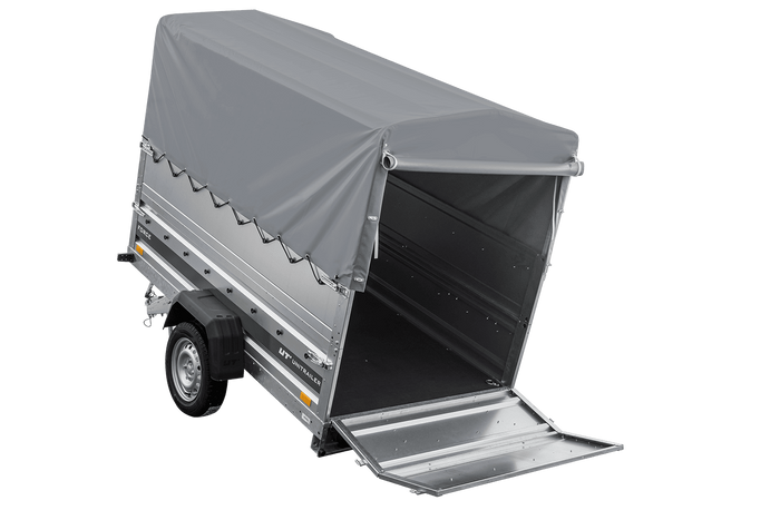 Autotransportanhänger 230×125 UNITRAILER FORCE 230 KIPP mit BIS-Seitenwänden, H-800-Rahmen und grauer Plane-Neu