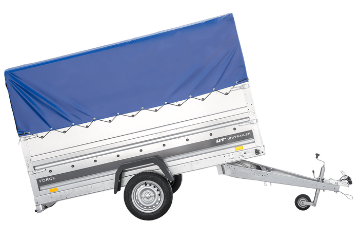 Autotransportanhänger 264×125 UNITRAILER FORCE 264 KIPP mit BIS-Seitenwänden, H-800-Rahmen und blauer Plane-Neu