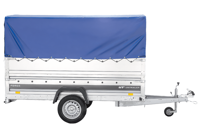 Autotransportanhänger 264×125 UNITRAILER FORCE 264 KIPP mit BIS-Seitenwänden, H-800-Rahmen und blauer Plane-Neu