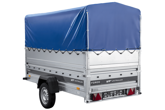 Autotransportanhänger 264×125 UNITRAILER FORCE 264 KIPP mit BIS-Seitenwänden, H-800-Rahmen und blauer Plane-Neu