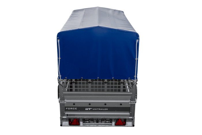 Autotransportanhänger 264×125 UNITRAILER FORCE 264 KIPP mit Gitterwänden, H-800 Rahmen und blauer Plane-Neu